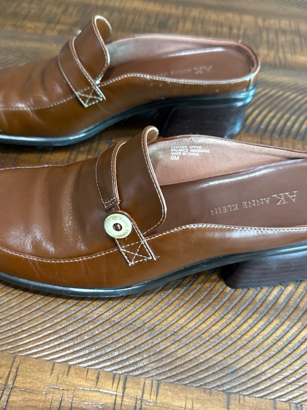Anne Klein Cognac Leather Slip-On Mules with Button Accent